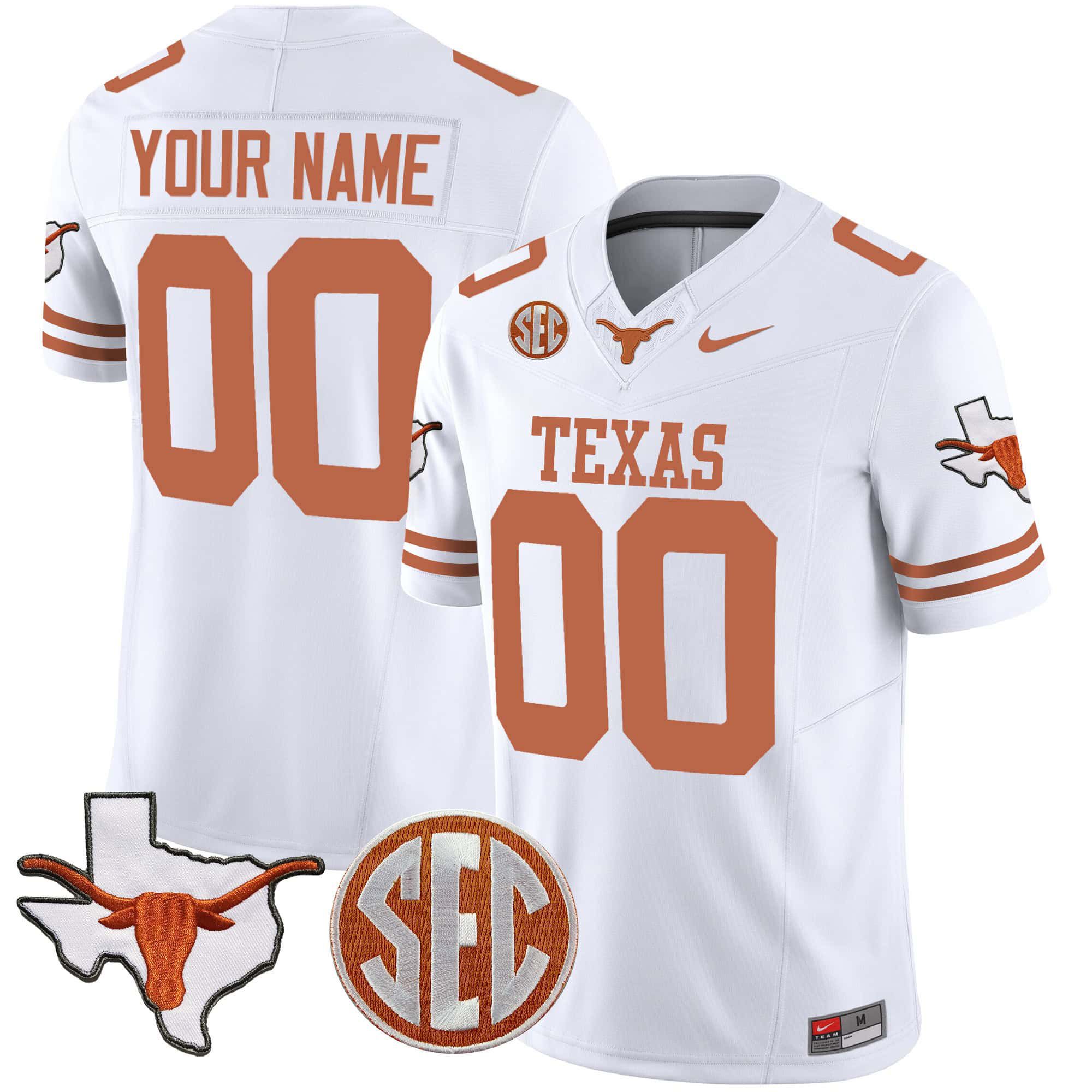 Men Texas Longhorns White 2024 Nike State Map & SEC Patch Vapor Custom NCAA Jersey->customized nfl jersey->Custom Jersey